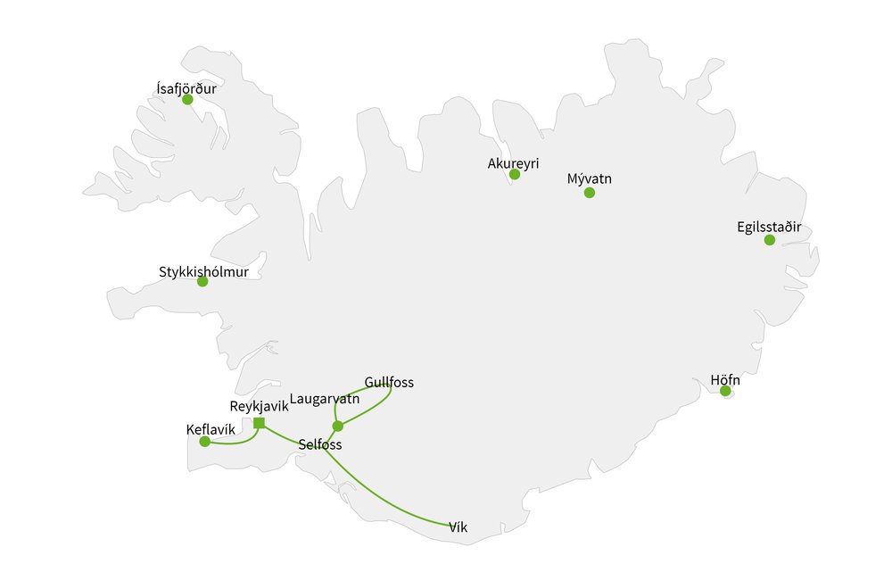 Routekaart van Vakantiehuisje in Zuid IJsland