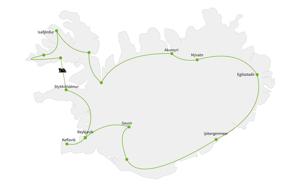 Routekaart van Vier windstreken van IJsland