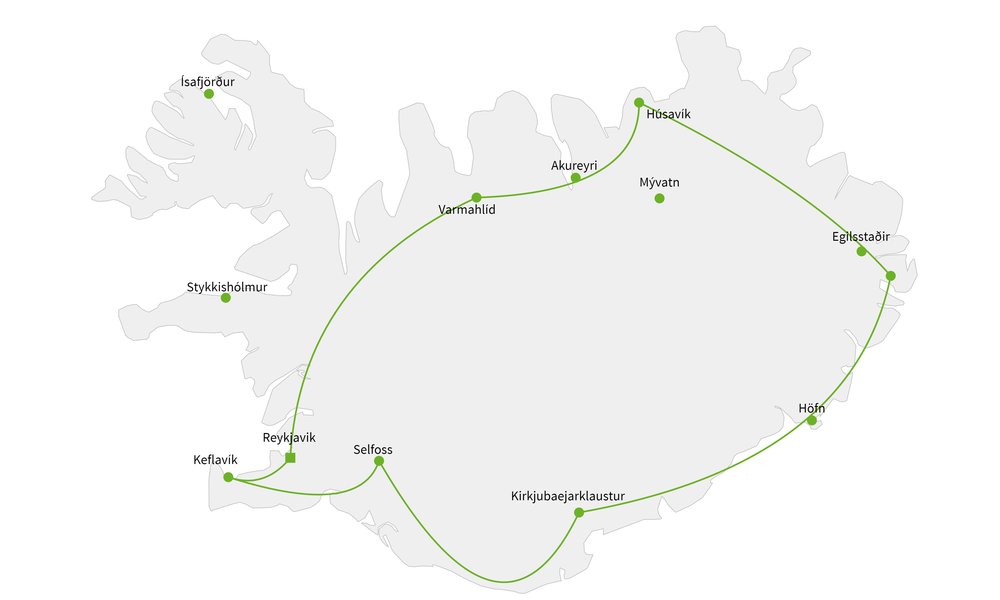 Routekaart van Langs vakantiehuisjes op IJsland