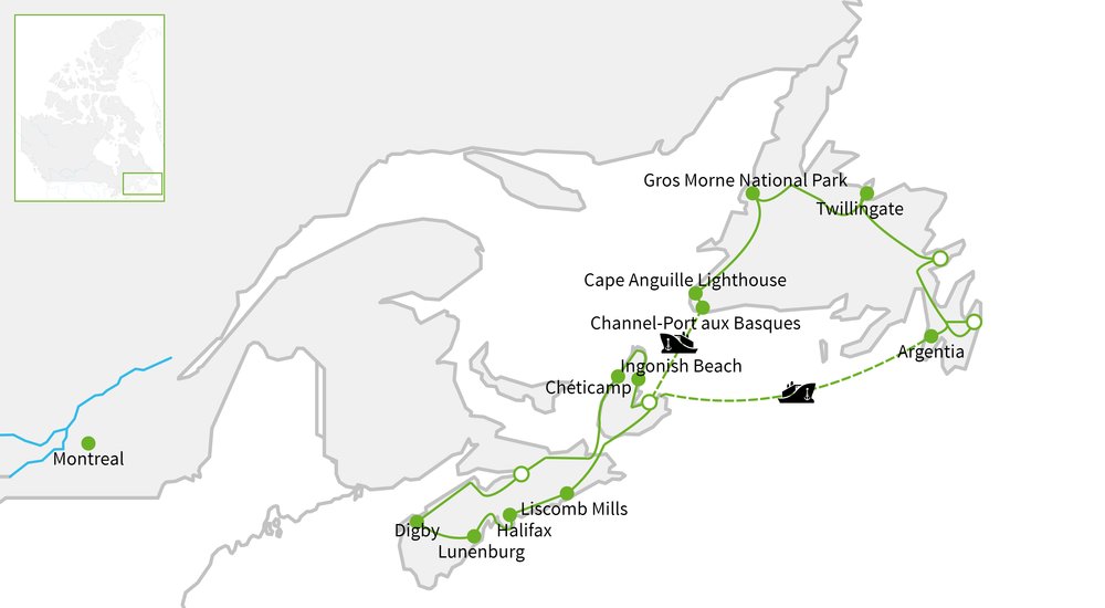 Routekaart van IJsbergen & Walvissen van Atlantisch Canada