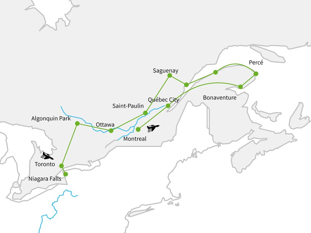 Routekaart van Roadtrip Ontario & Quebec