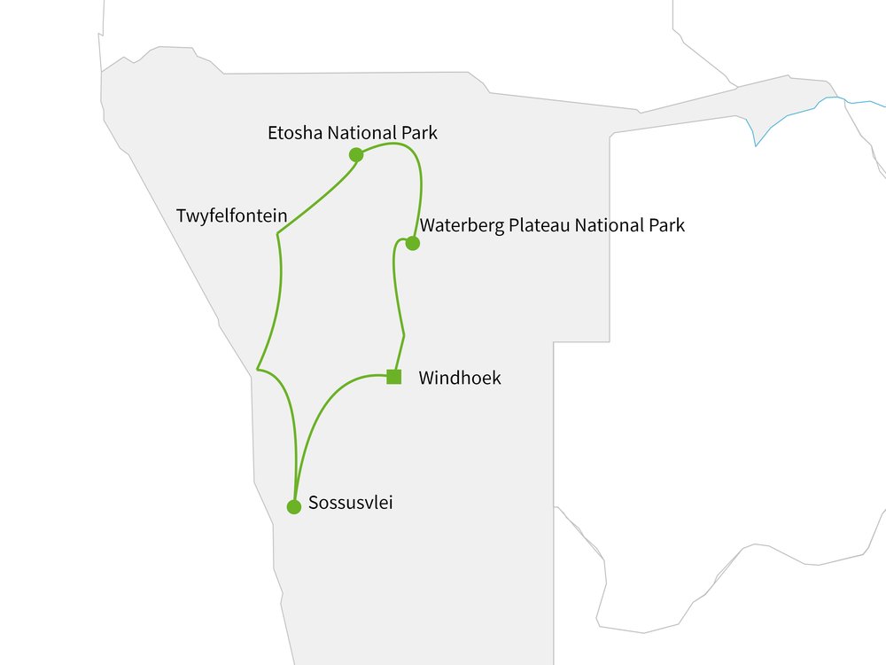 Routekaart van Verrassend & voordelig Namibië