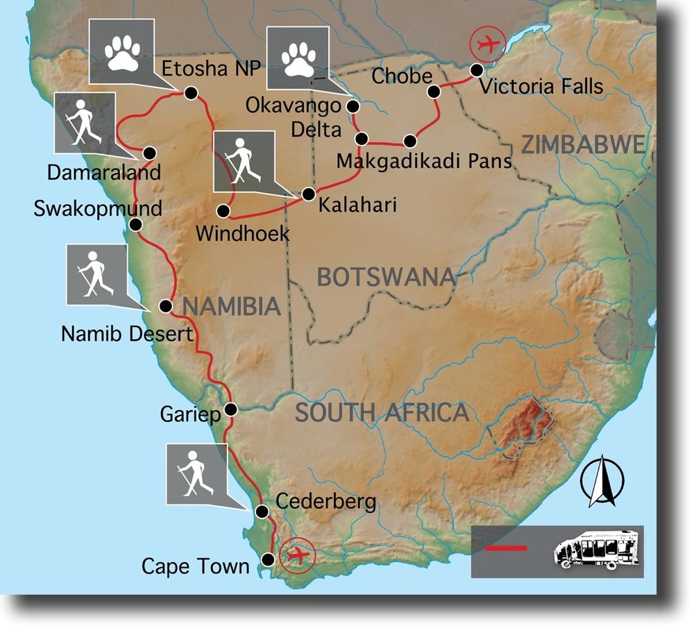 Routekaart van Cape Town to Vic Falls Explorer